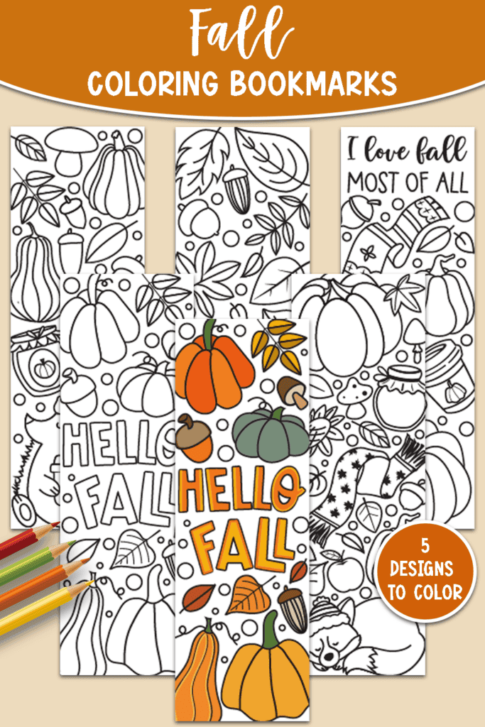 Fall Bookmarks to color with one colored on top of other uncolored bookmarks