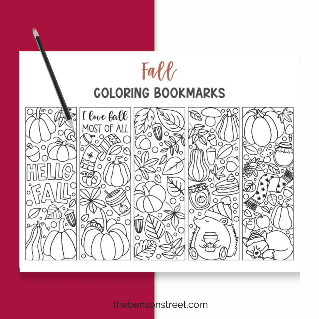A flat lay with page of fall coloring bookmarks with ap encil on top.