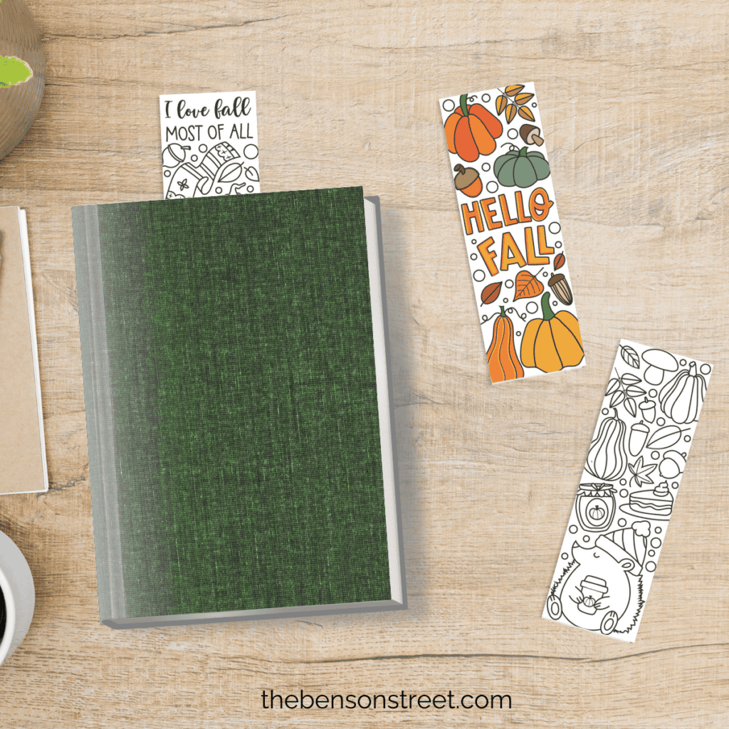 A flat lay with a book with bookmark sticking out the top of the book and two bookmarks laying on the table beside the book.