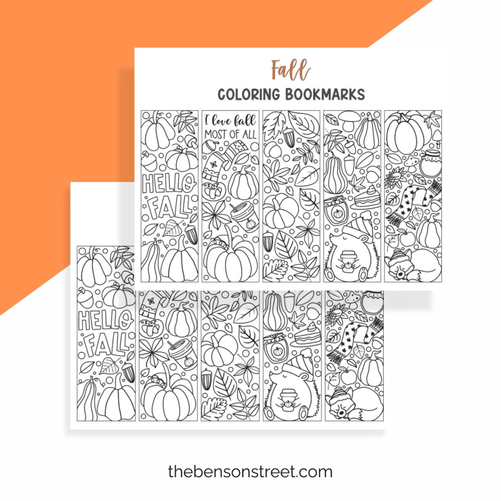 A stack of twoo black and white free printable coloring bookmarks for fall.