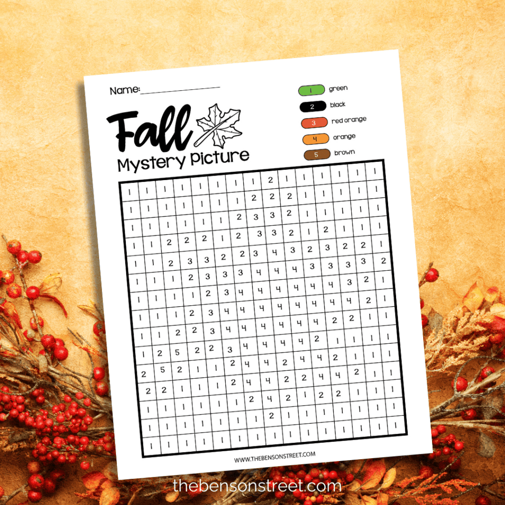 A blank color by number page ready to be colored in to reveal a fall mystery picture.