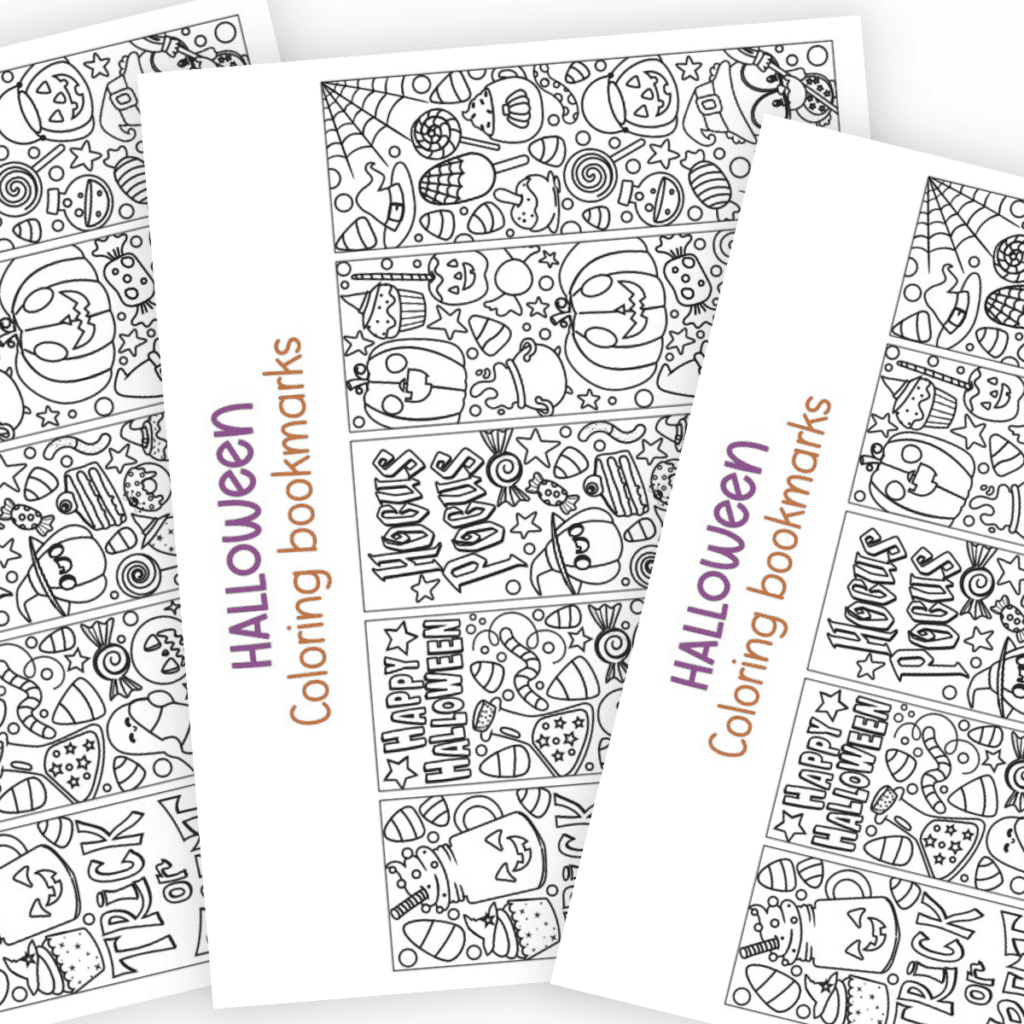 A Halloween-themed printable page with five uncolored bookmarks, showcasing designs of a pumpkin, spiderweb, ghost, bat, and witch.