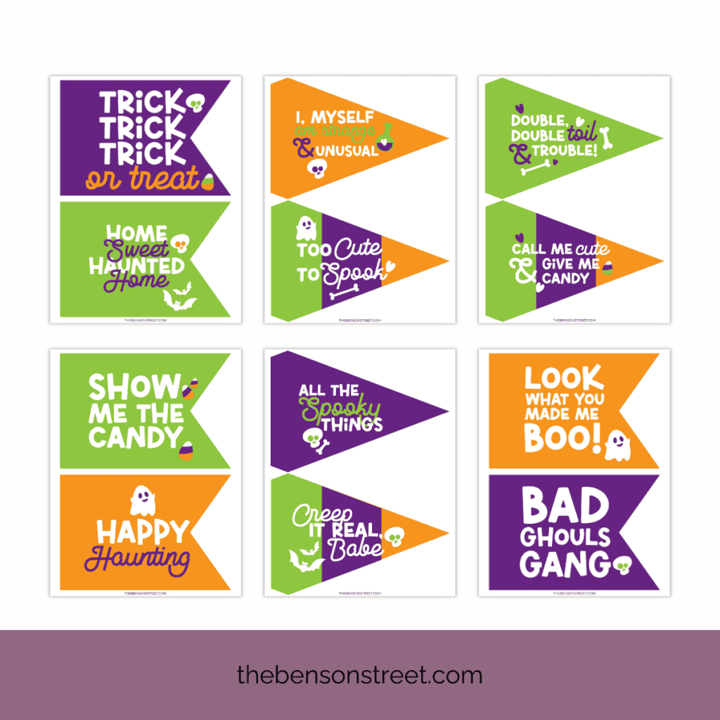 Six pages of Halloween Party Flag Printables laid out in two rows.