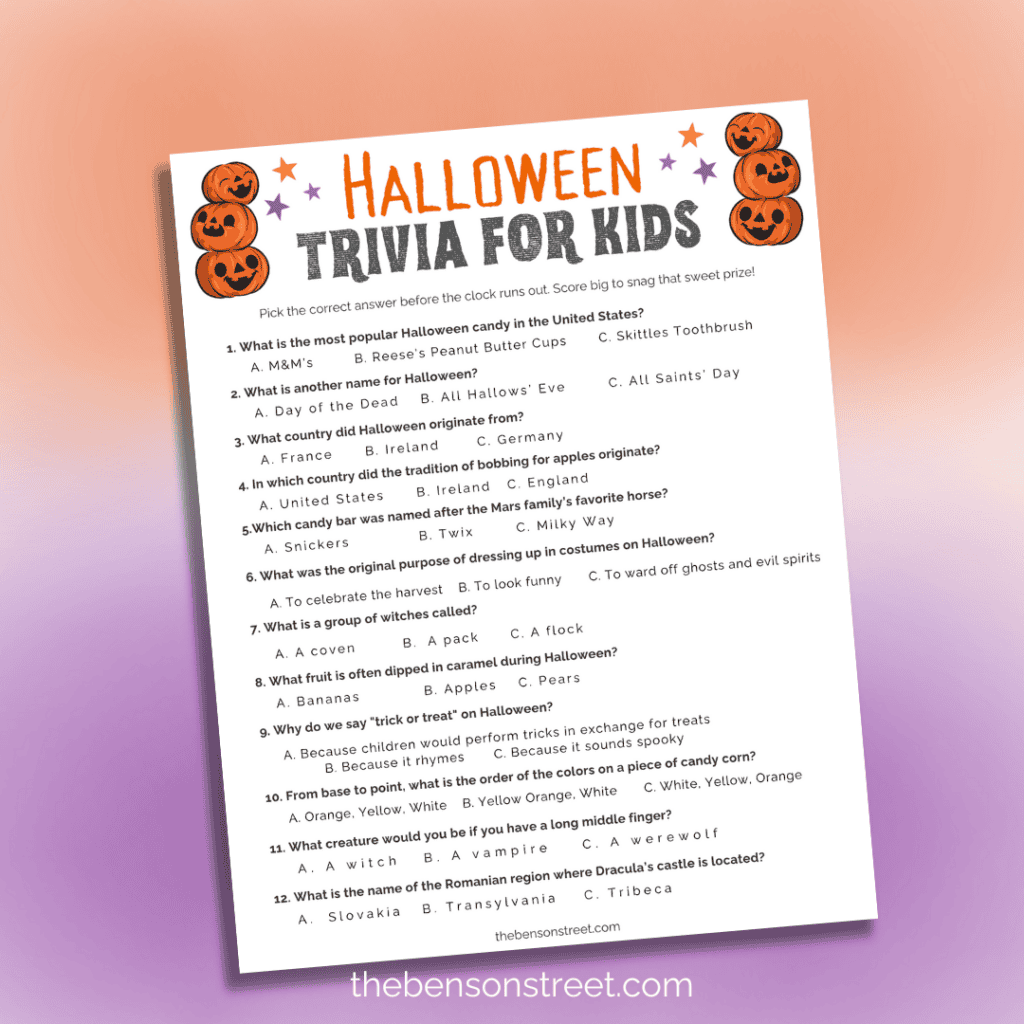 Kid-friendly Halloween trivia sheet with colorful graphics of happy pumpkins, designed to make learning fun during Halloween.