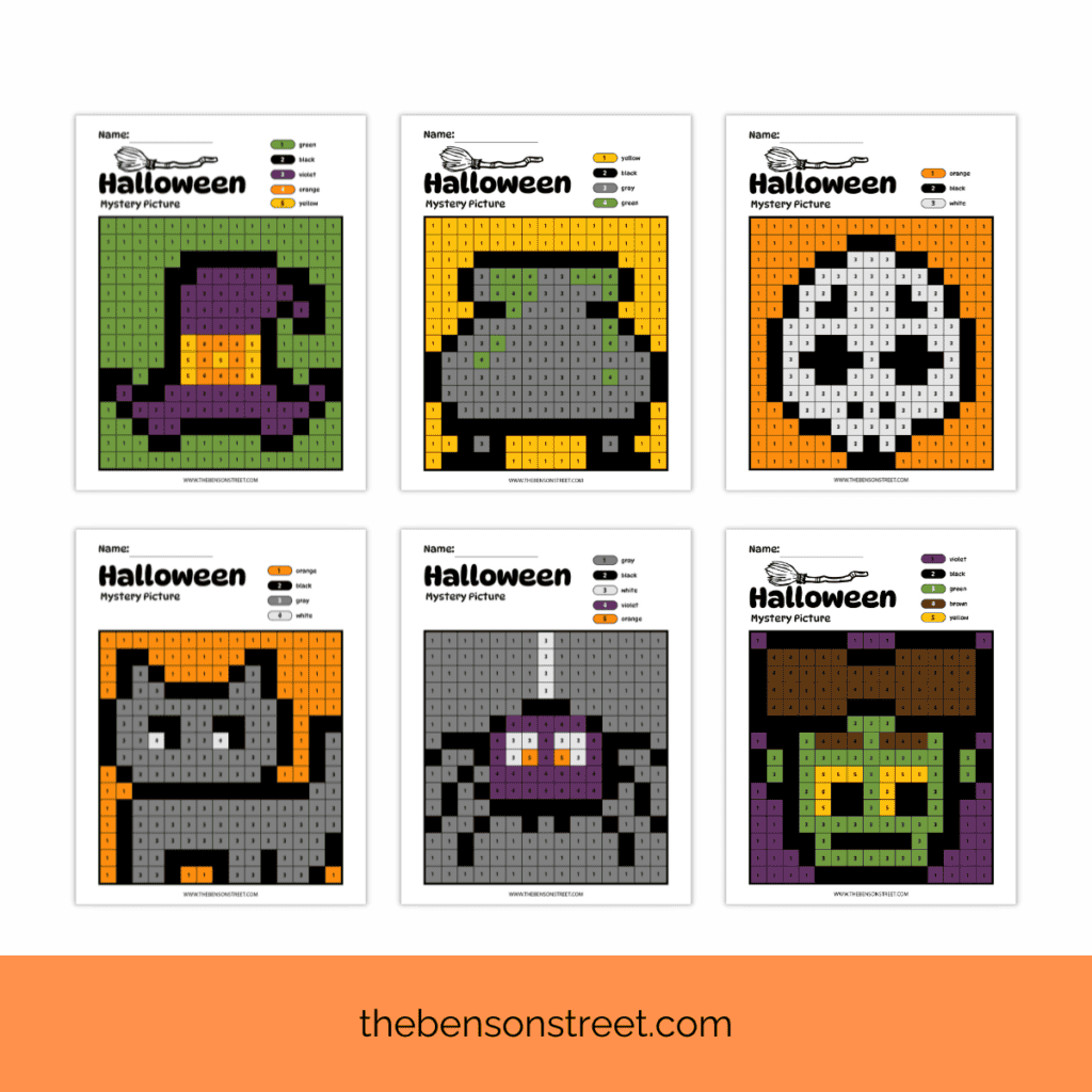 Six different free printable Halloween Mystery Picture Color by numbers laid out next to each other with colored in Halloween pictures.