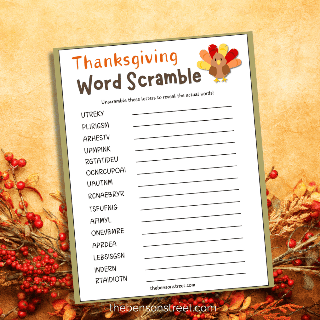 Free printable Thanksgiving word scramble page on a fall background.