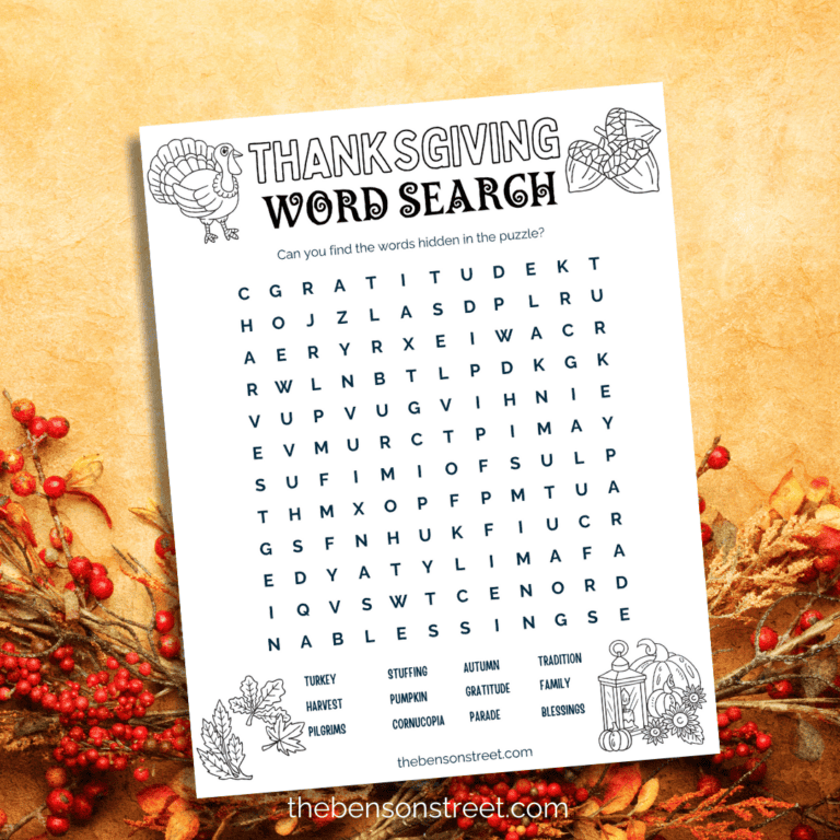 Free Thanksgiving Word Search Printable for Kids