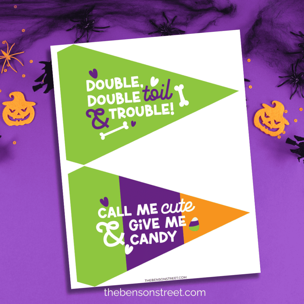 Free Printable Double double toil and trouble green flag, with another call me cute & give me candy printable flag.