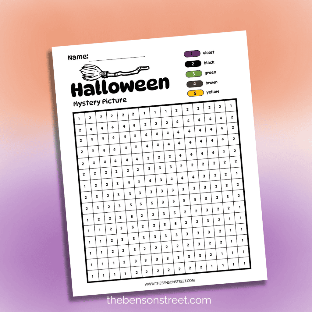A printable halloween mystery picture pixel art page. The images has not be colored in yet showing a black and white number grid.