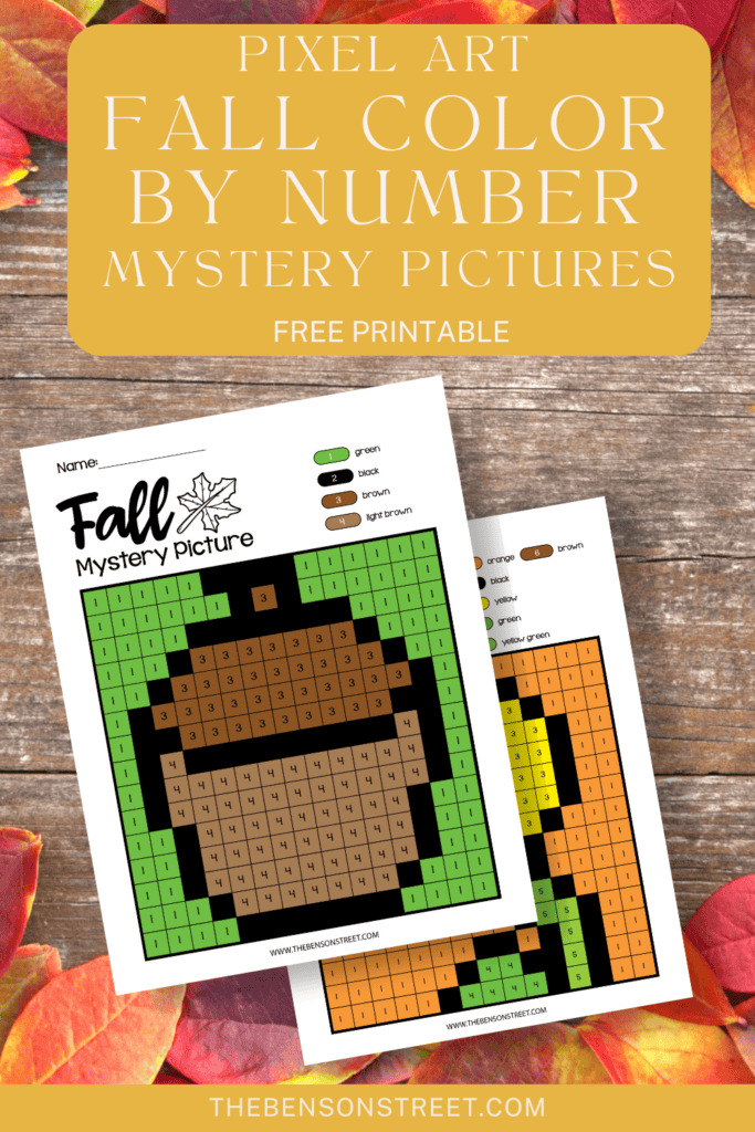 Free printable set of pixel art fall color by number mystery pictures