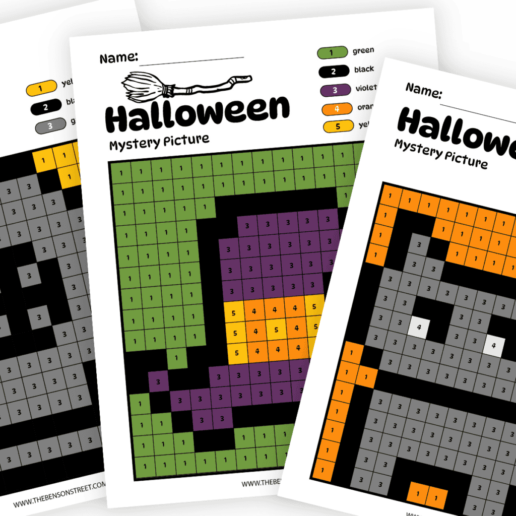 Stack of three Halloween mystery pictures colored in on top of each other.