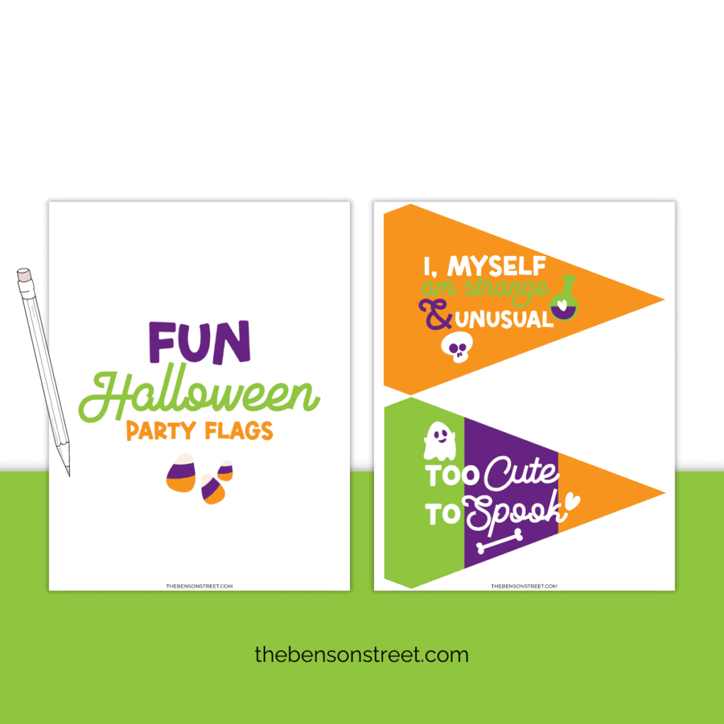Two sheets of Fun Halloween Party Flags. With Halloween text on the flat lay pages.