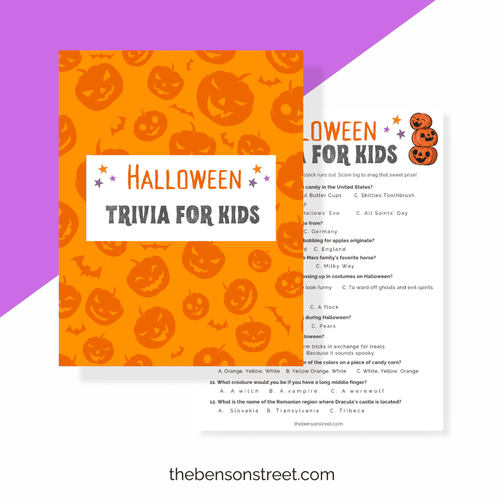 Free printable Halloween trivia game sheet with multiple-choice questions about Halloween traditions and symbols, decorated with happy jack-o’-lanterns.