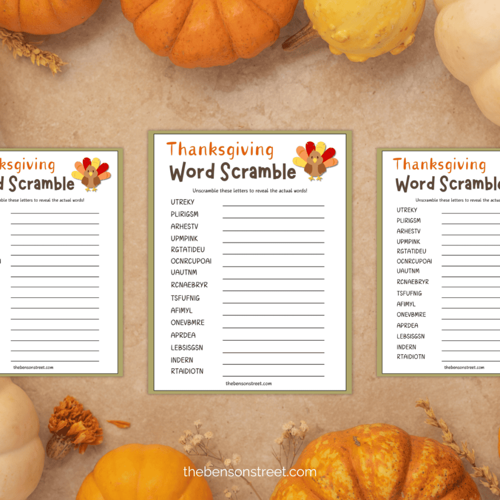 Fun thanksgiving word scramble printable with three different copies laying next to each other.