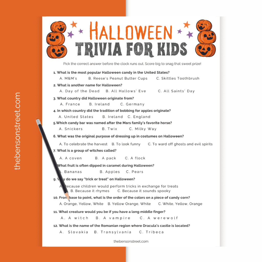 Printable Halloween trivia game for children, featuring a mix of fun facts about Halloween with decorative pumpkins.