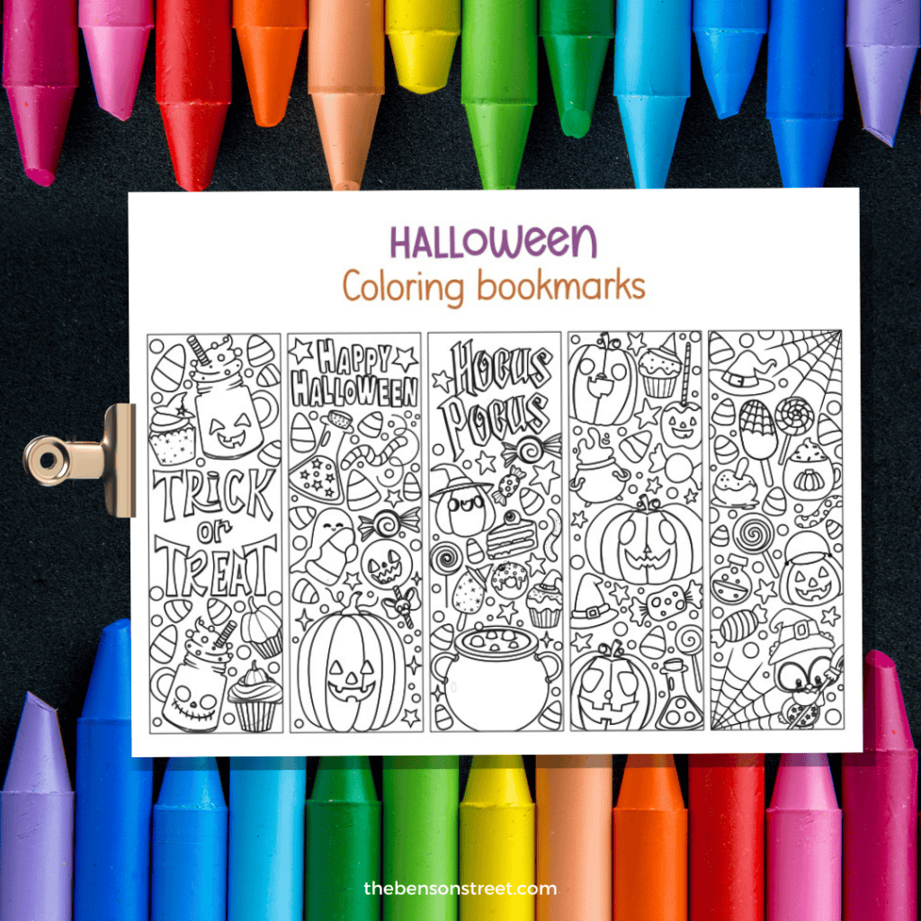 A page of printable Halloween bookmarks with simple, uncolored designs of ghosts, candy, spiderwebs, and pumpkins.