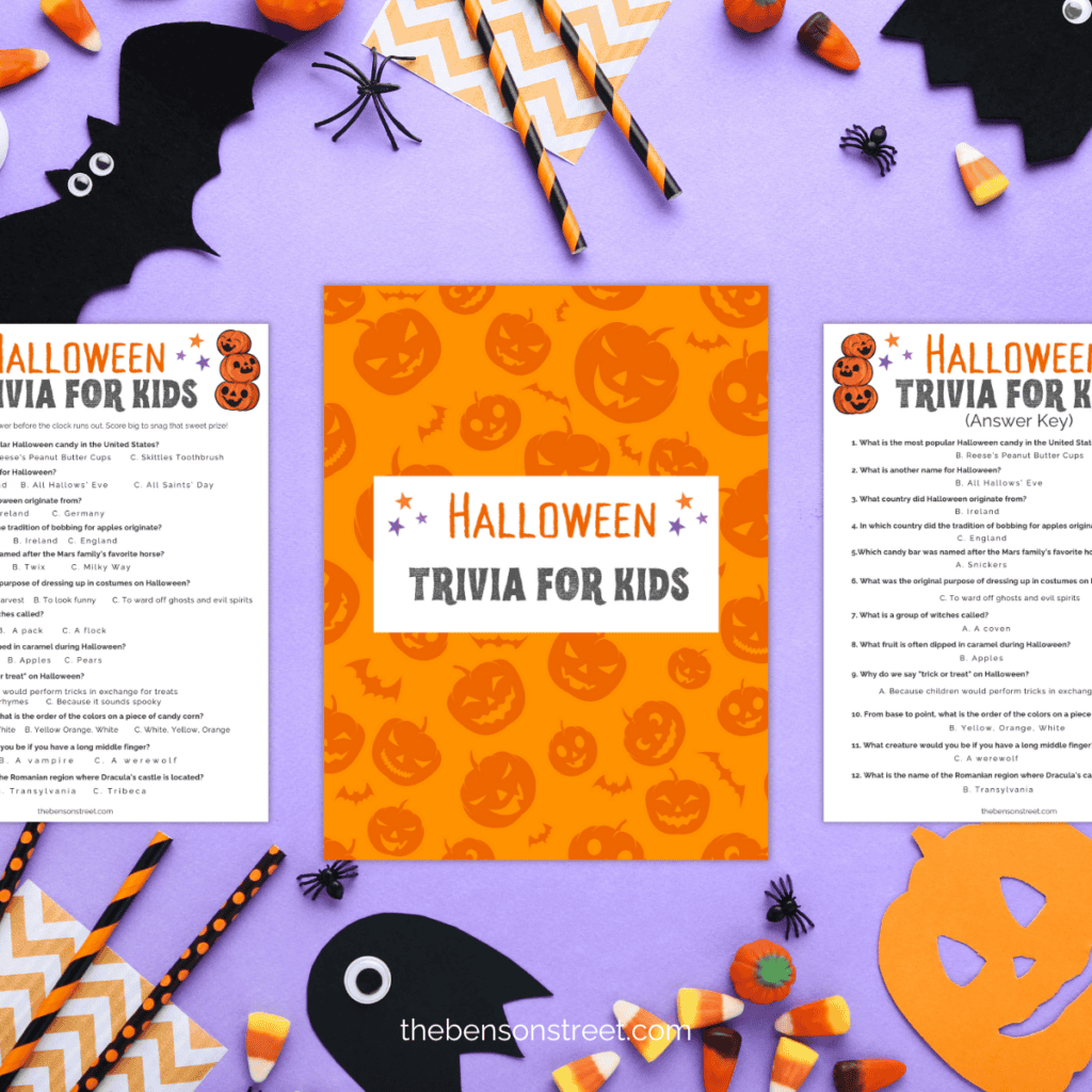 Free printable Halloween Trivia Questions and Answers
Printable for kids. All printed sheets laying next to each other on a Halloween background.