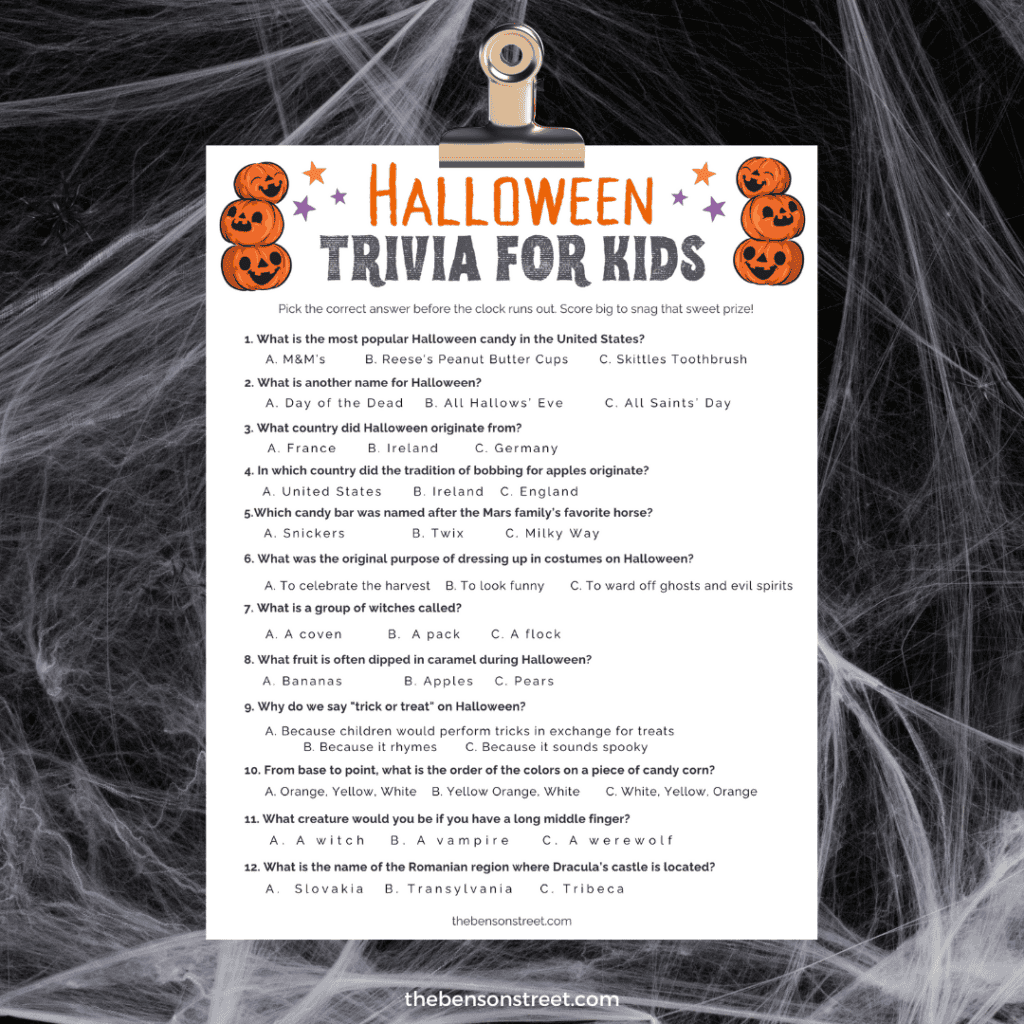 Colorful printable Halloween trivia game with cute illustrations of pumpkins and stars for kids to enjoy during Halloween parties.