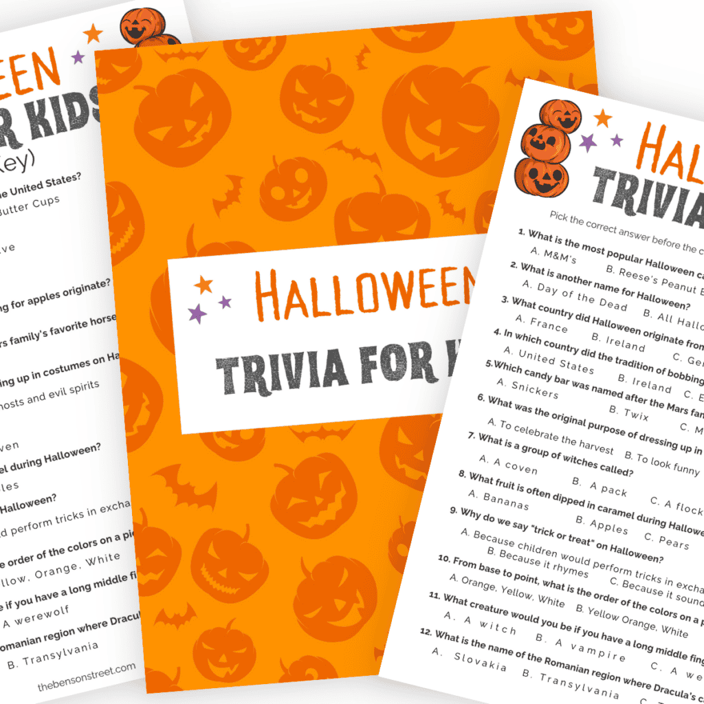 "Halloween trivia game printable in vibrant colors with cartoon pumpkins perfect for kids' Halloween activities.