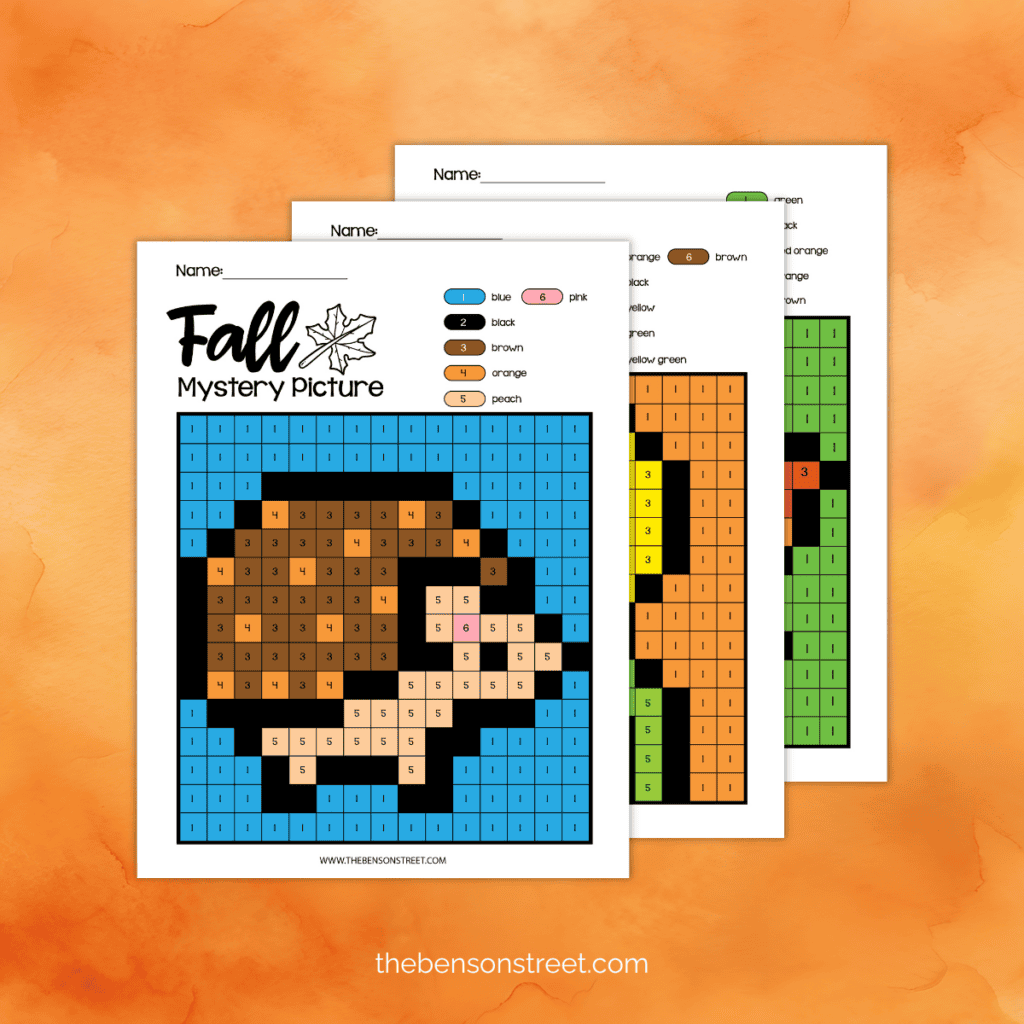 Three stacked fall color by number mystery pictures printable pages filled in featuring a hedgehog on top.