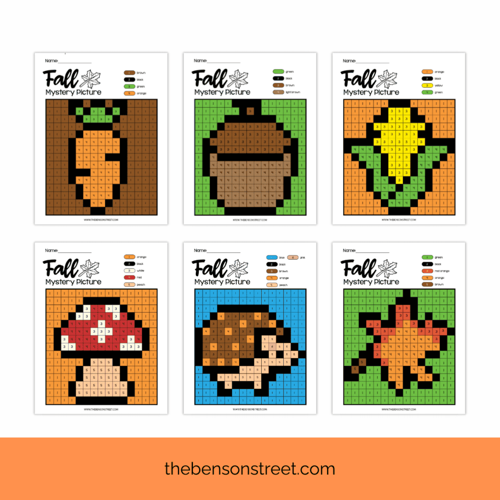Six different colored in fall color by number mystery pictures, a carrot, acorn, ear of corn, mushroom, hedgehog, and a leaf.