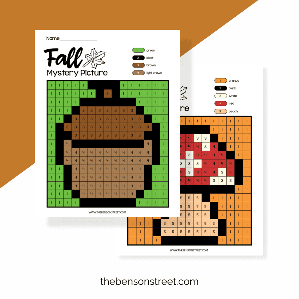 Two printable fall mystery pictures completed, an acorn and a mushroom.