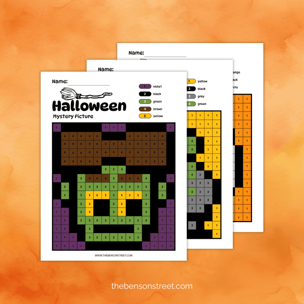 Three Halloween mystery picture color by numbers worksheets in a pile. Top one featuring an image of frankenstein.