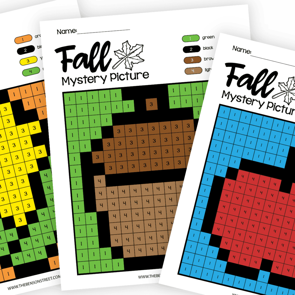 Three fall color by number sheets ready to color int featuring an ear of corn, an acorn, and an apple.
