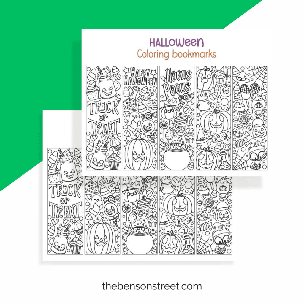 Five black and white Halloween bookmarks on a printable sheet, ready to color, featuring spooky designs like a bat, ghost, and pumpkins.
