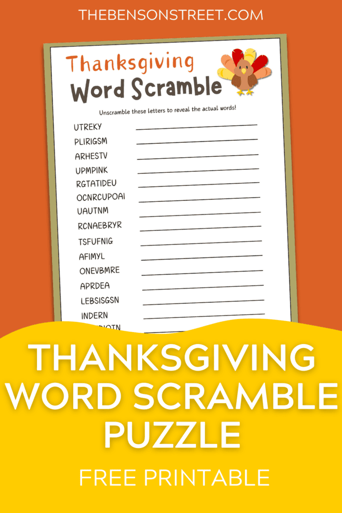 Thanksgiving Word Scramble Puzzle Free Printable for kids