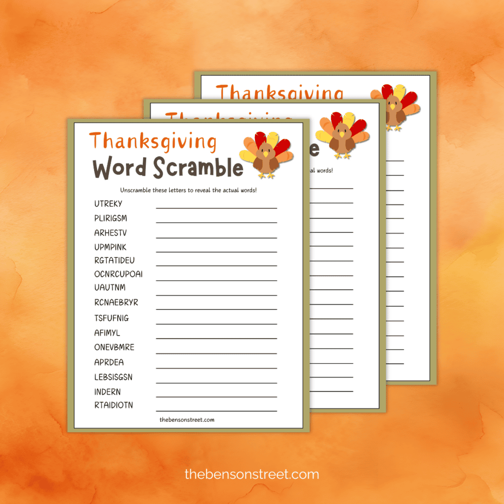 Stack of free printable thanksgiving word scramble games in a stack with a turkey in the top right corner.