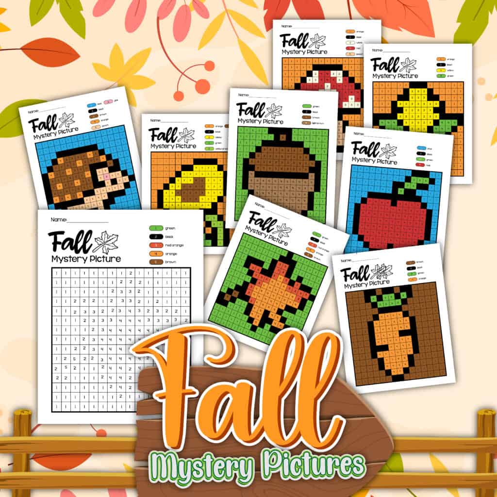 Mock up of eight fall mystery pictures overlapping and laying on top of each other.