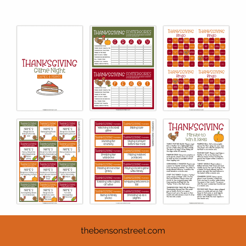 Six sheets laid out of Thanksgiving game night prints. Including Thanksgiving Scattergories, bingo, Name 3, Charades, and Minut to win it ideas.
