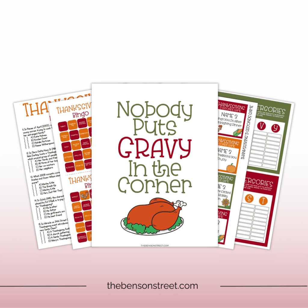 Stack of free printable Thanksgiving games laid out on top of each other.