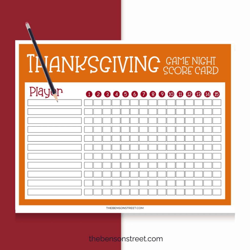 Thanksgiving Game night score card printable with a pencil on top to fill in names and scores.