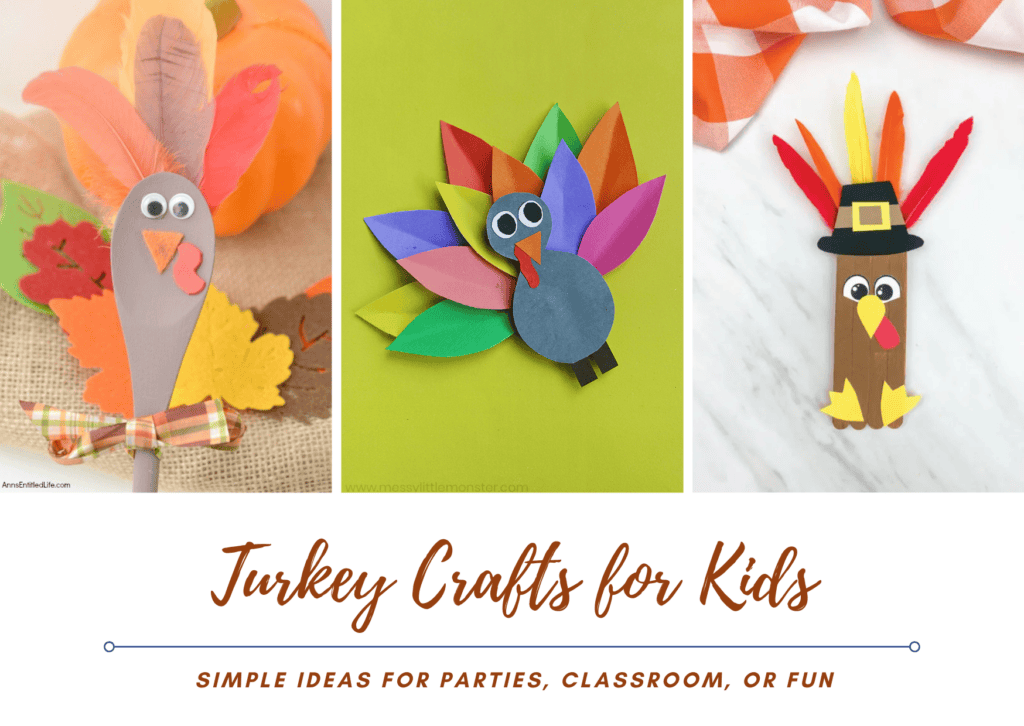 Three different examples of turkey crafts for kids in a collage.