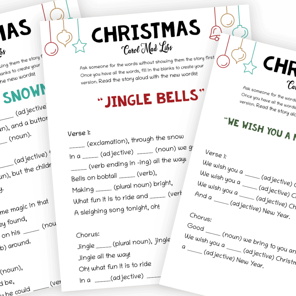 Blank Christmas carol mad lib template designed for kids and adults to fill in with seasonal words.