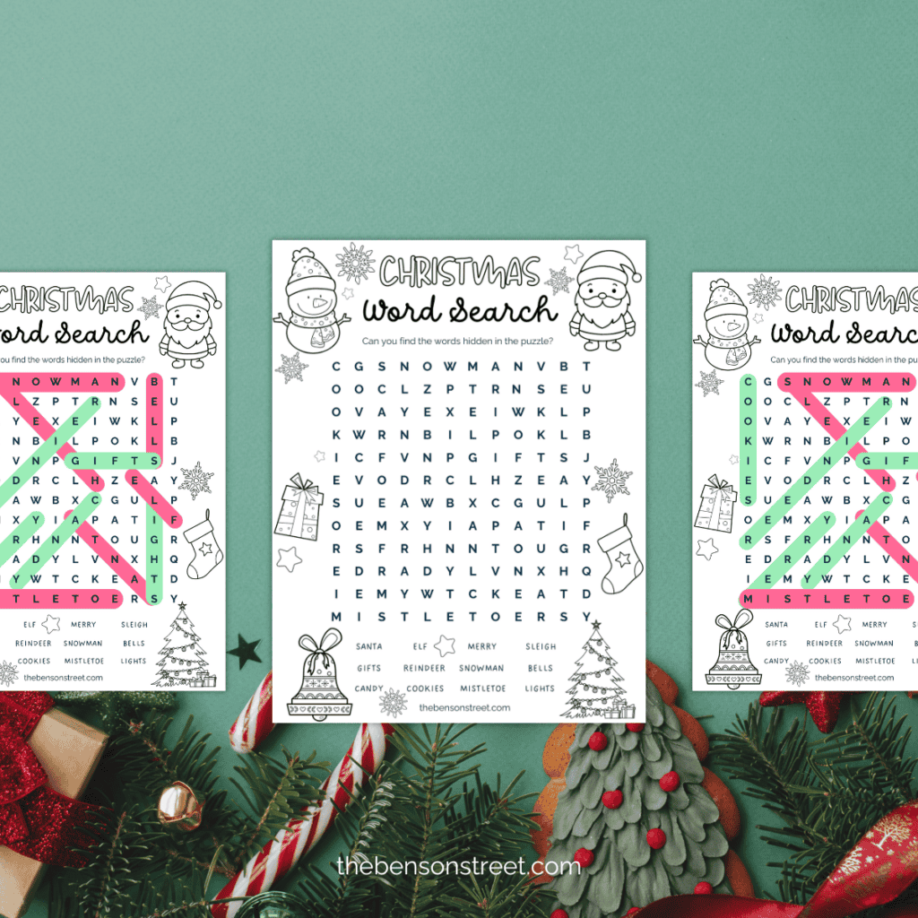 Christmas-themed word search puzzle in black and white with holiday-related words hidden in a grid, accompanied by an answer key.