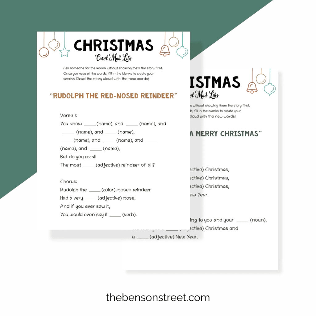 Creative mad lib Christmas carol printable, inviting players to complete the lyrics with their own imaginative words.