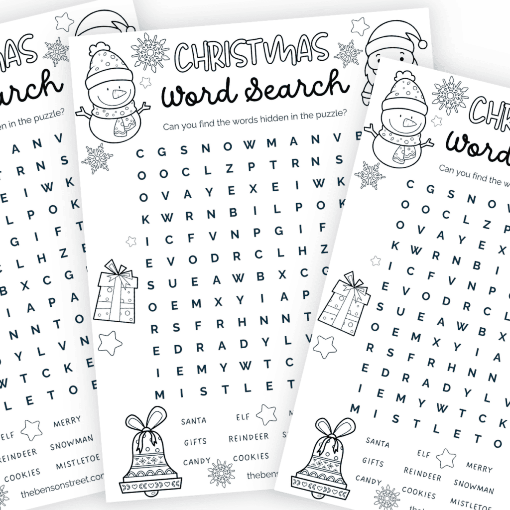 Printable Christmas word search in black and white, displaying a grid with hidden seasonal words and a separate answer key section.