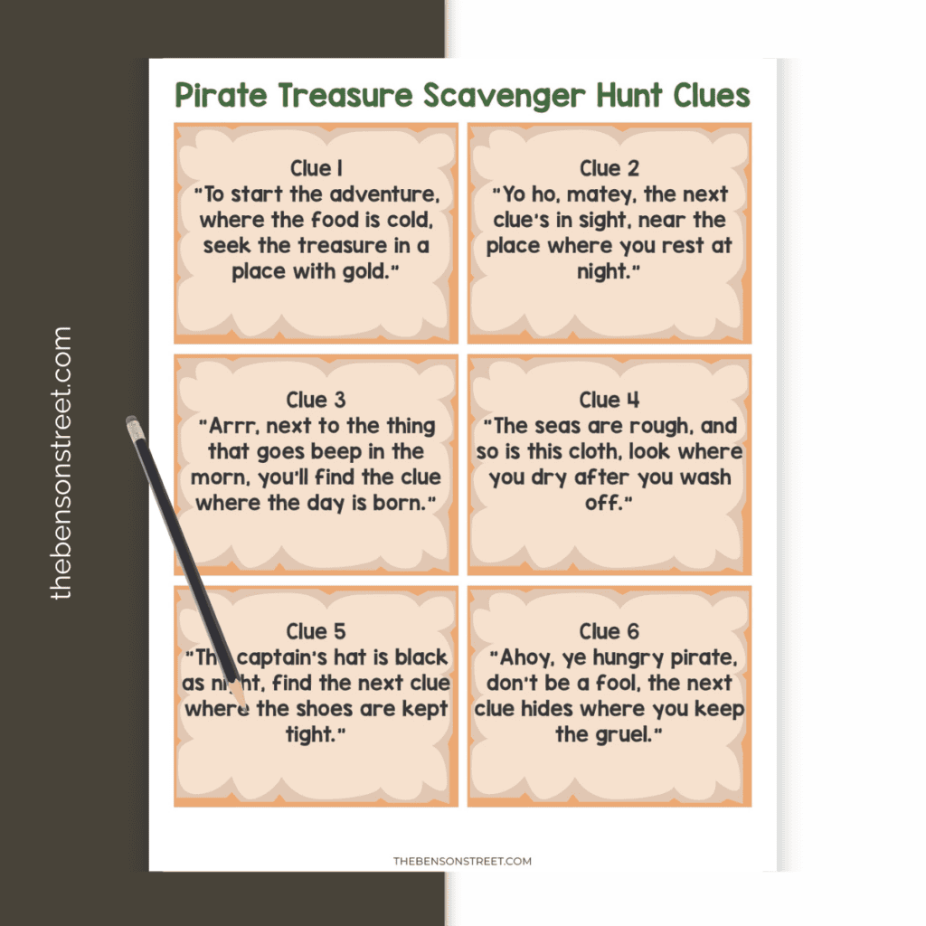 Clue Cards for a pirate treasure scavenger hunt with pirate props for elf on the shelf dolls