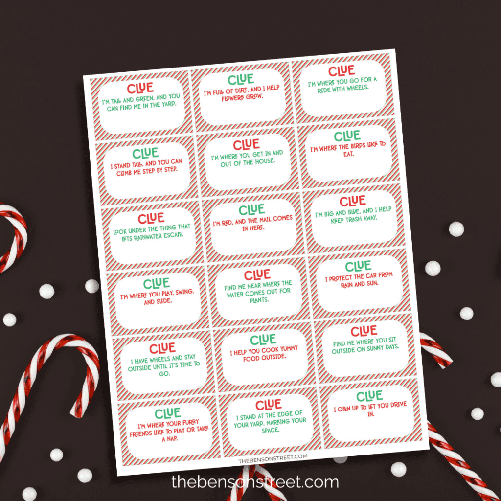 Clue Cards for hiding candy canes for a Candy Cane Hunt