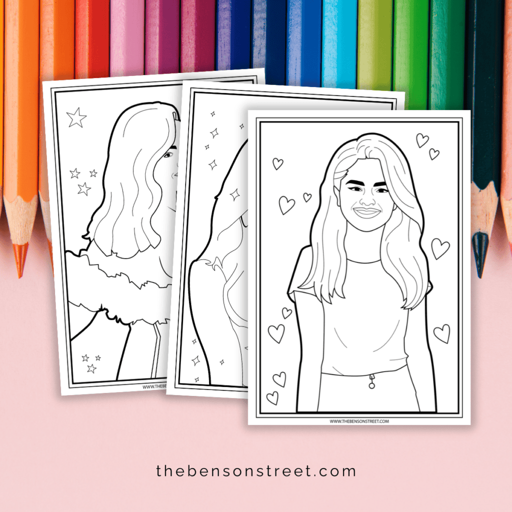 Three coloring pages of Selena Gomez laying on top of colored pencils.