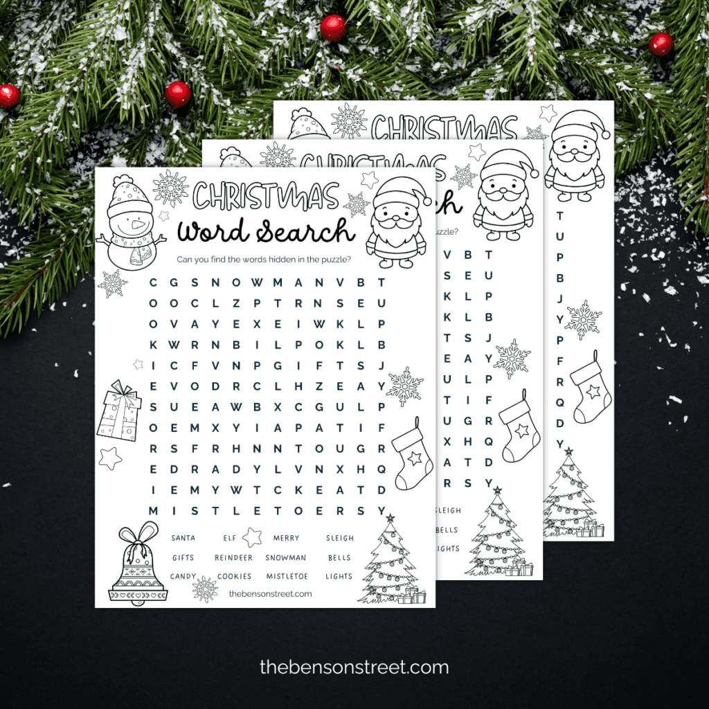 Stack of three free printable christmas word search puzzles with a Christmas background of holly berries and pine boughs.