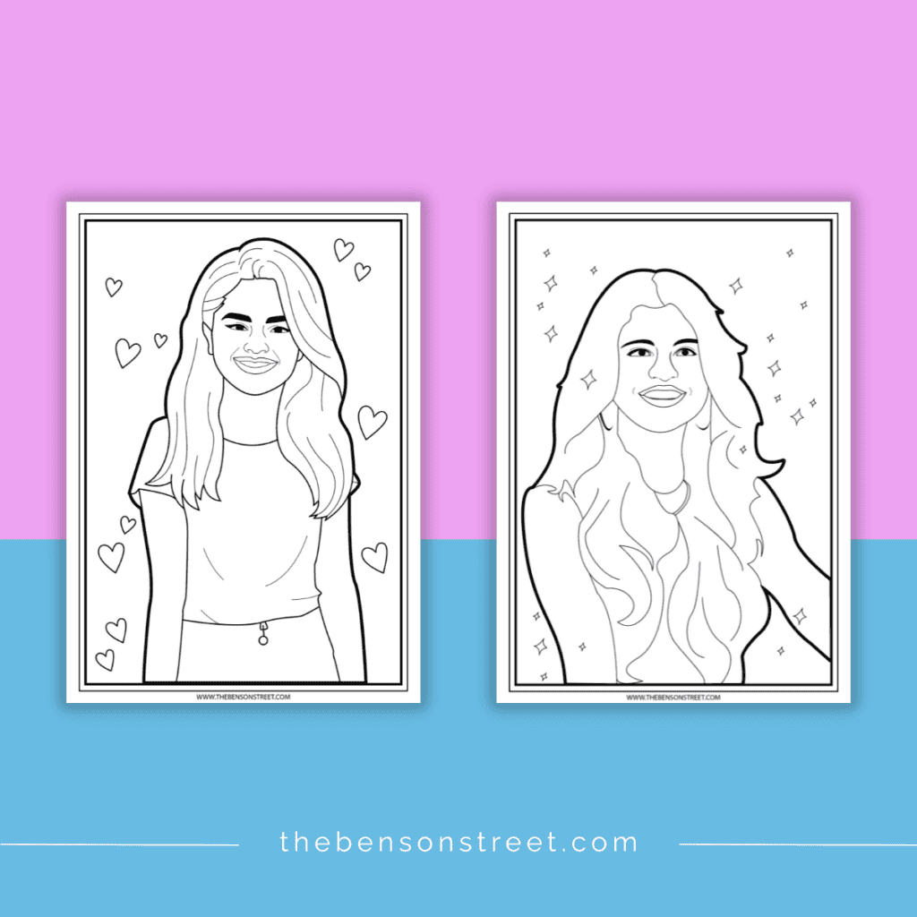 Two printed out coloring pages of Selena Gomez side by side in black and white.