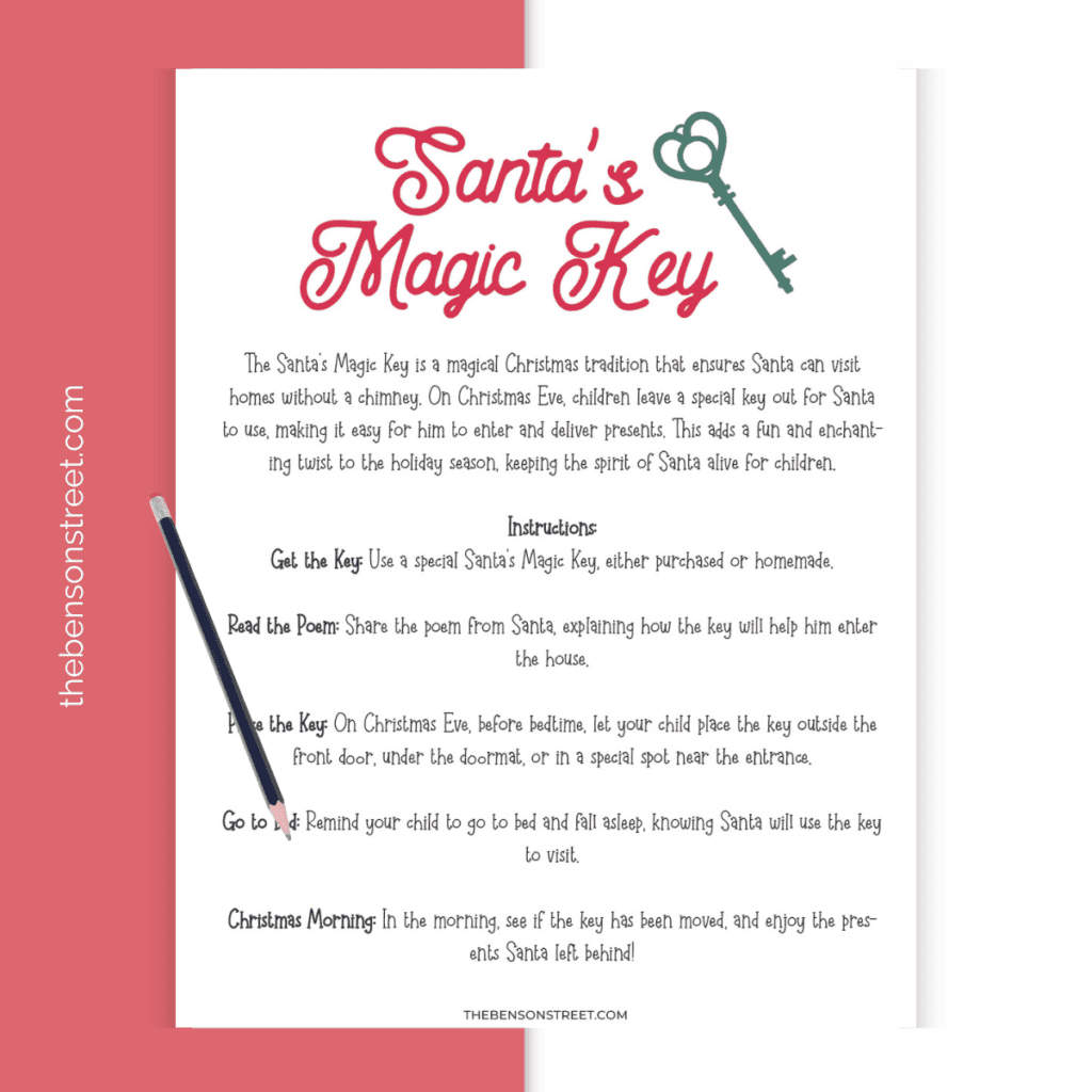 A creative Santa's Magic Key tag printable featuring a key icon and festive details, next to a set of instructions for parents on setting up the key for Santa's arrival.