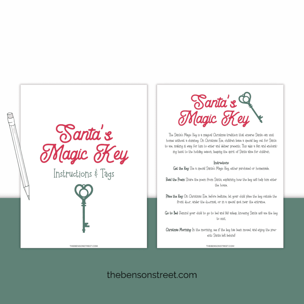 A festive Santa's Magic Key tag printable, showing a beautiful Christmas key graphic with instructions that explain the magic of Santa using the key to enter homes without chimneys.