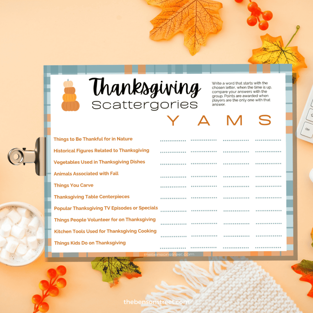 Easy to play printable Thanksgiving Scattergories Game Sheets