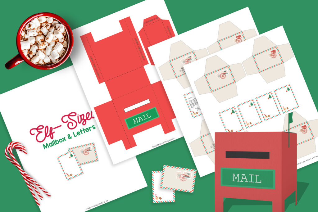 Flat Lay of printable elf mailbox sheets, with an example of the created mailbox.
