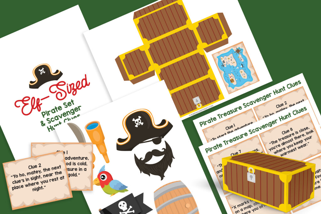 Flat lay of elf on the shelf pirate props and treasure hunt clues